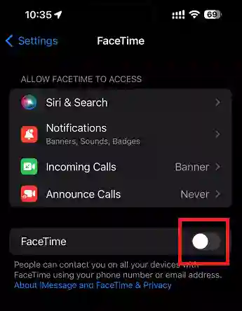 Disable and enable FaceTime