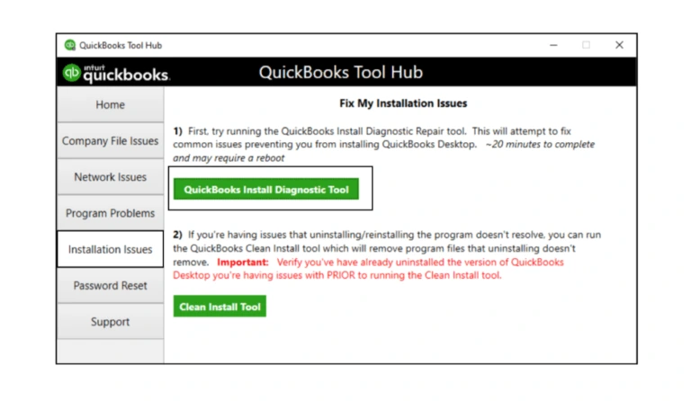 QuickBooks Diagnostic tools page
