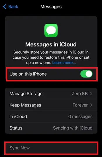 Enable icloud sync for imessage