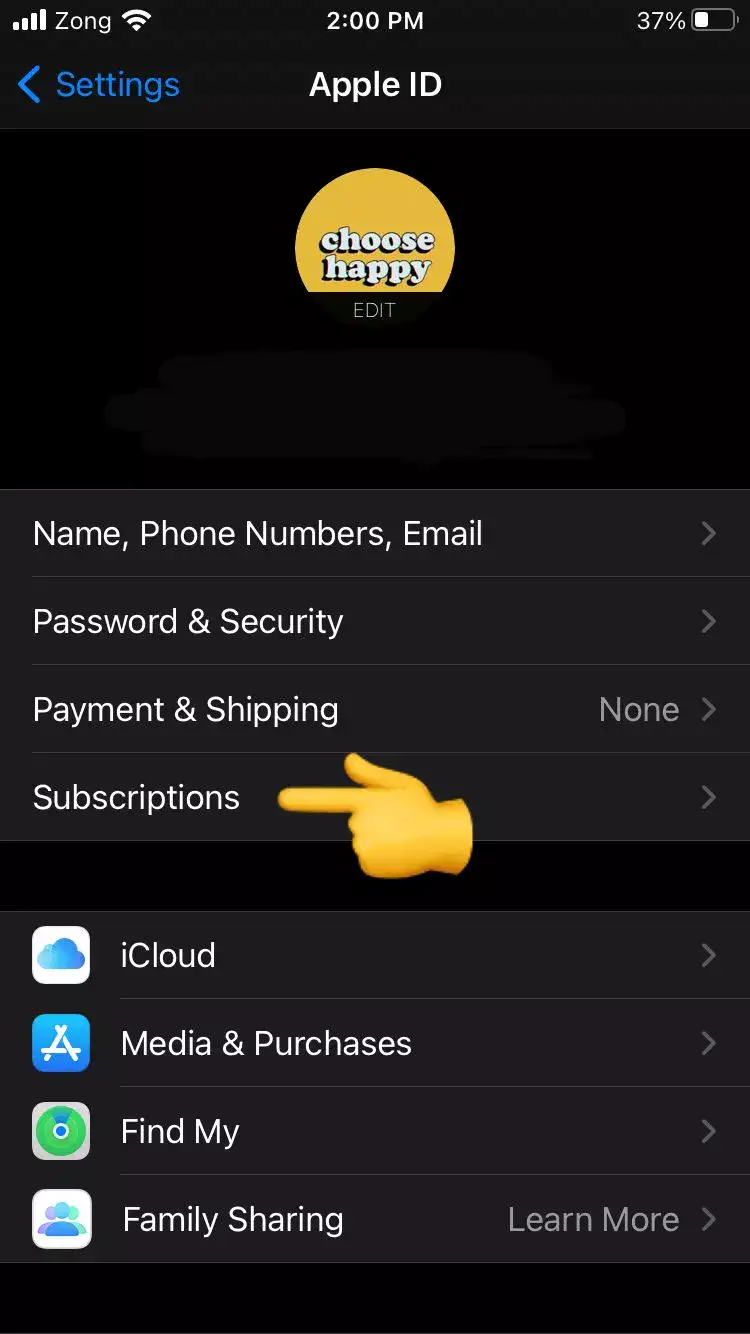 Subscription settings in iPhone