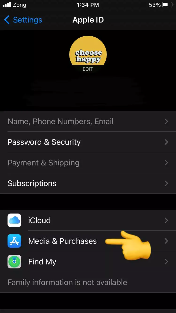 Media & Purchases settings in iPhone