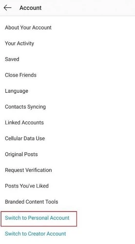 Instagrams account settings menu