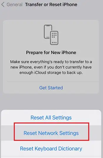 reset network settings option on iphone