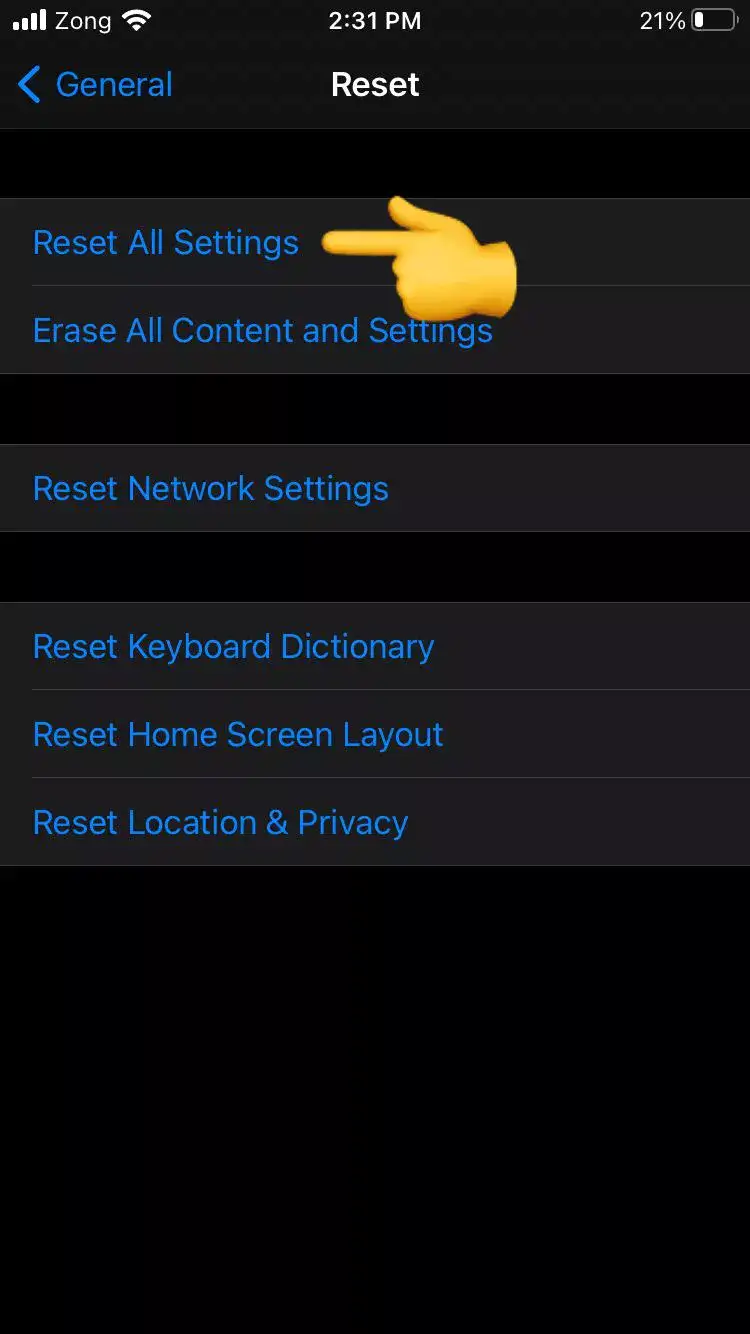 Reset all settings to default option in iPhone