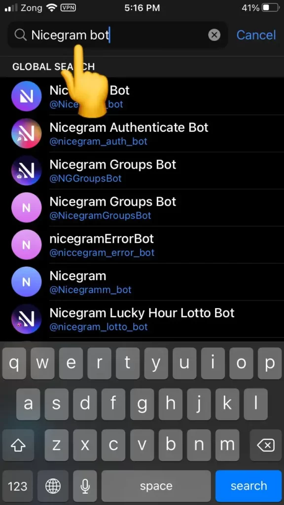 Searching Nicegram Bot in Telegram