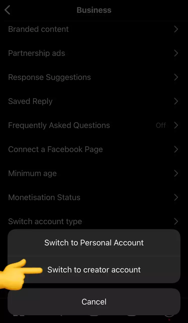 Switch to creator account settings in Instagram