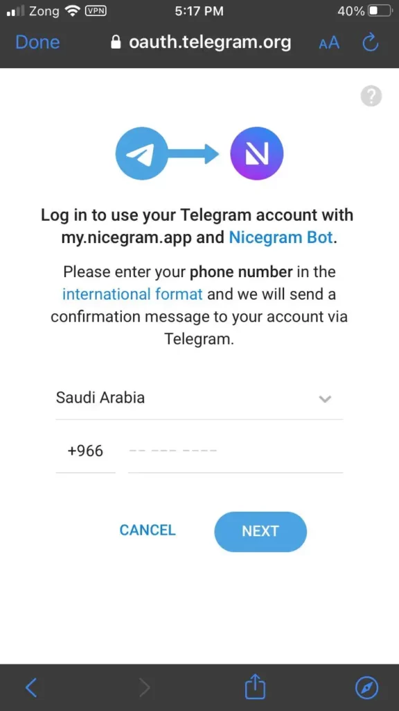 Entering credentials in Telegram