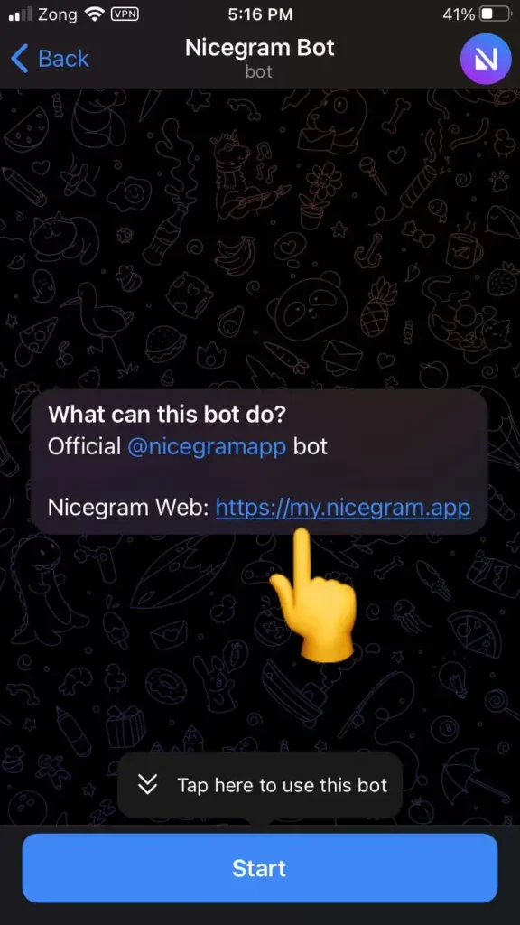 Nicegram's weblink in Telegram 
