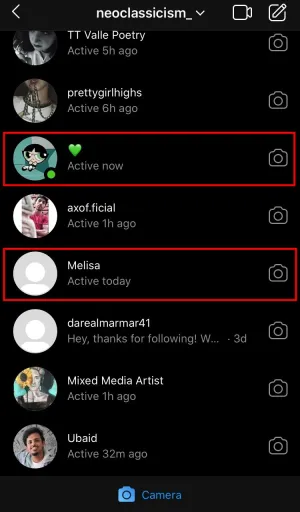 Active Now and Active Today status highlighted in the Instagram DM section