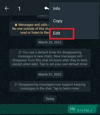 Message Edit feature in WhatsApp Android