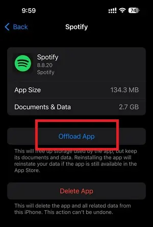 Offload Spotify app on iPhone