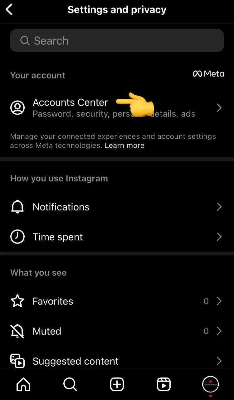 "Accounts Center" on Instagram