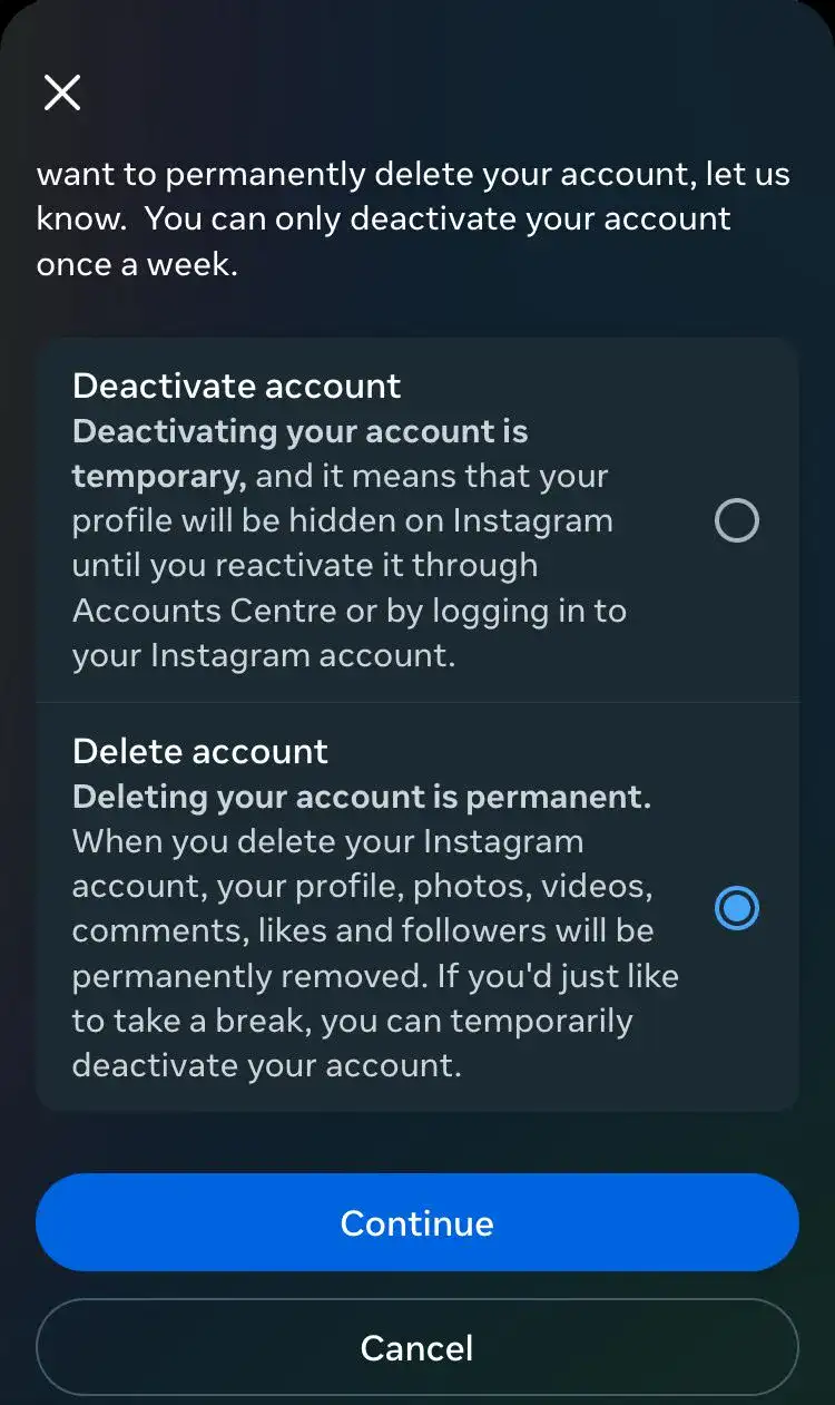 "Delete Account" on Instagram