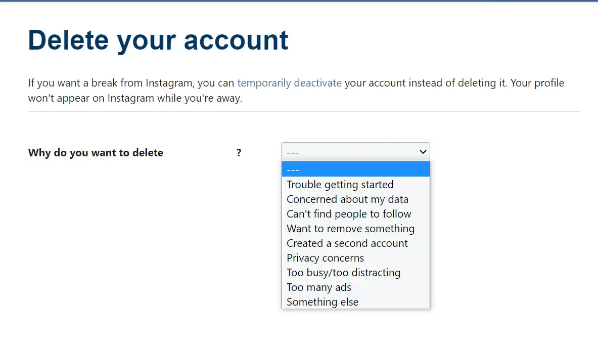 "Select the reason" for deleting your Instagram account