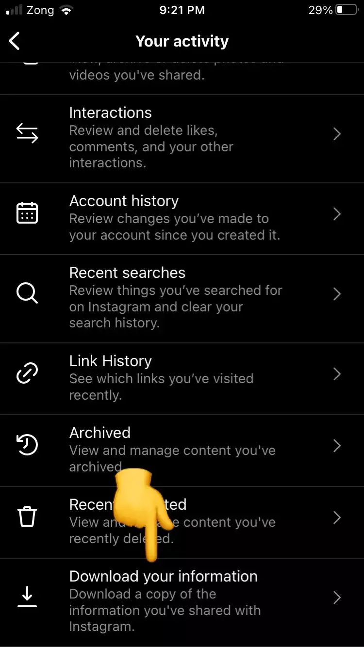 Download your indormation settings in Instagram