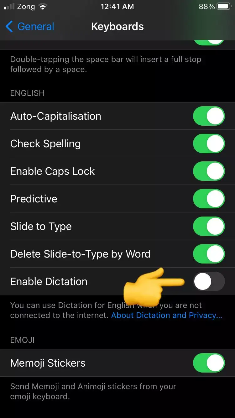 Enable Dictation settings in iPhone