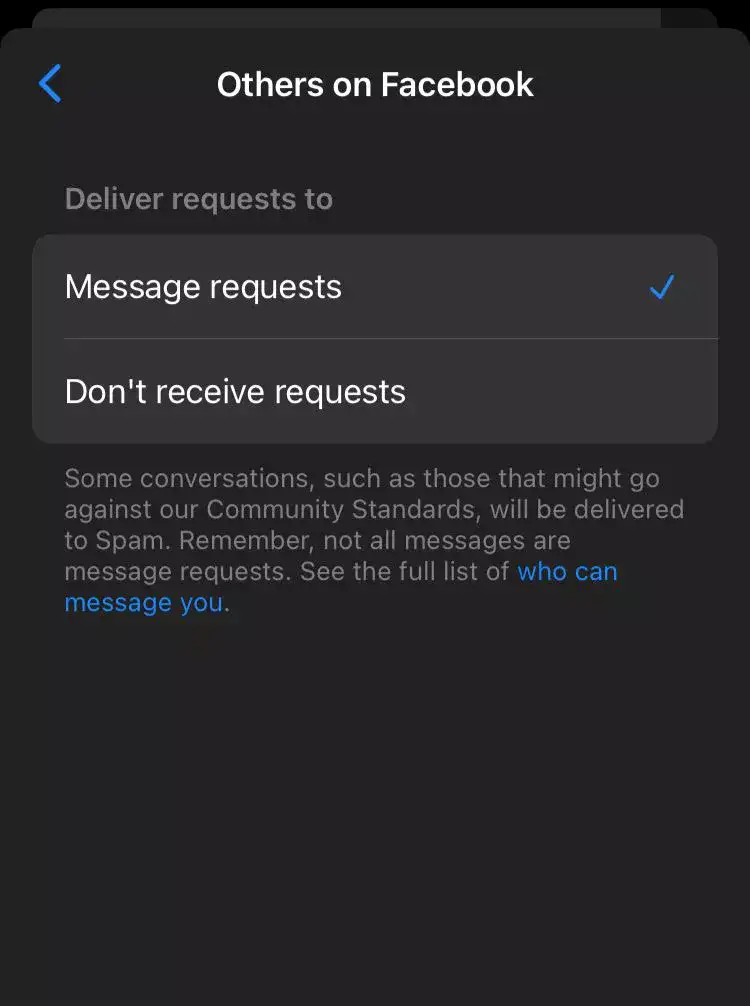 "Message Requests" option in Messenger