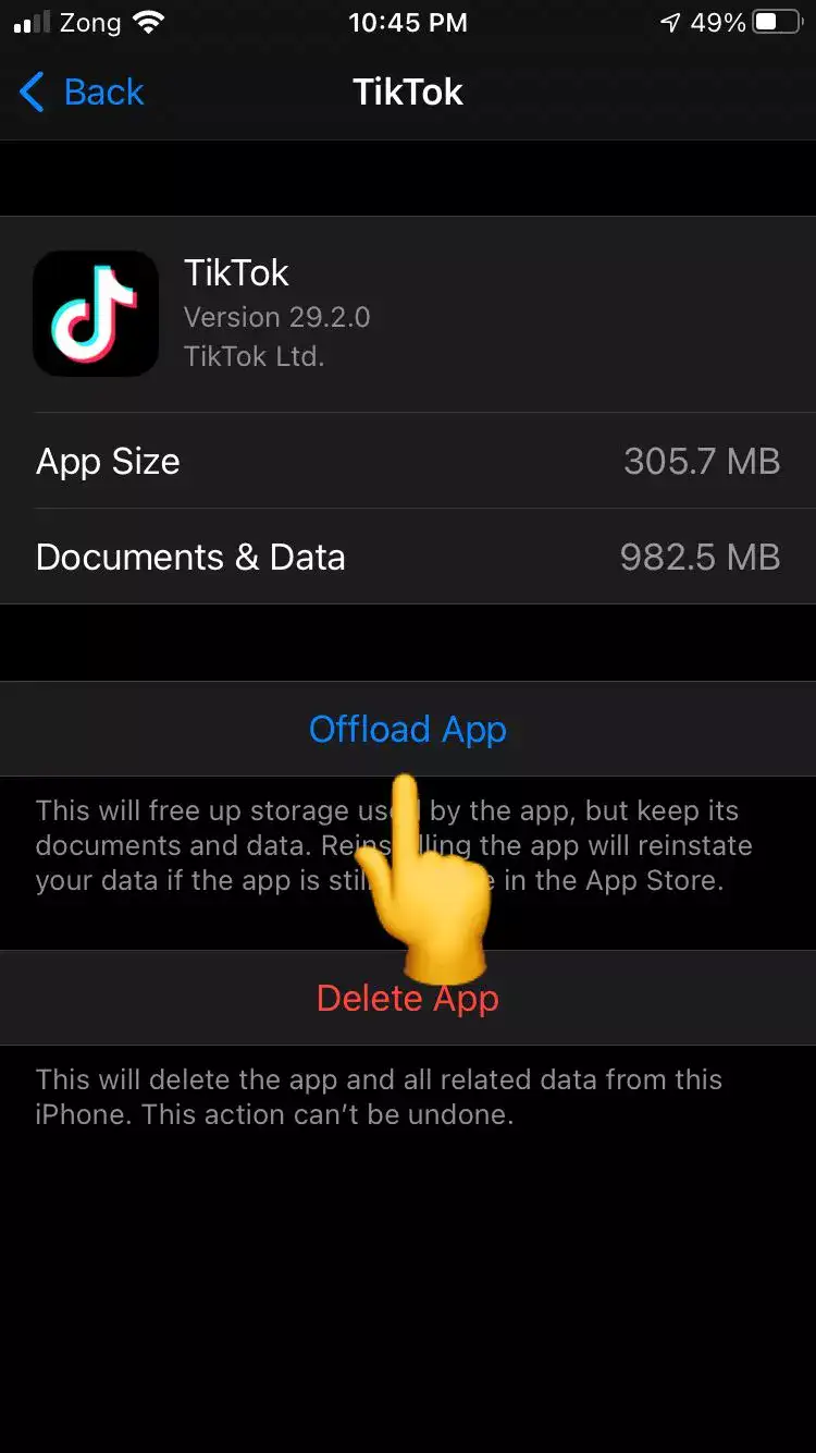Offload TikTok in iPhone