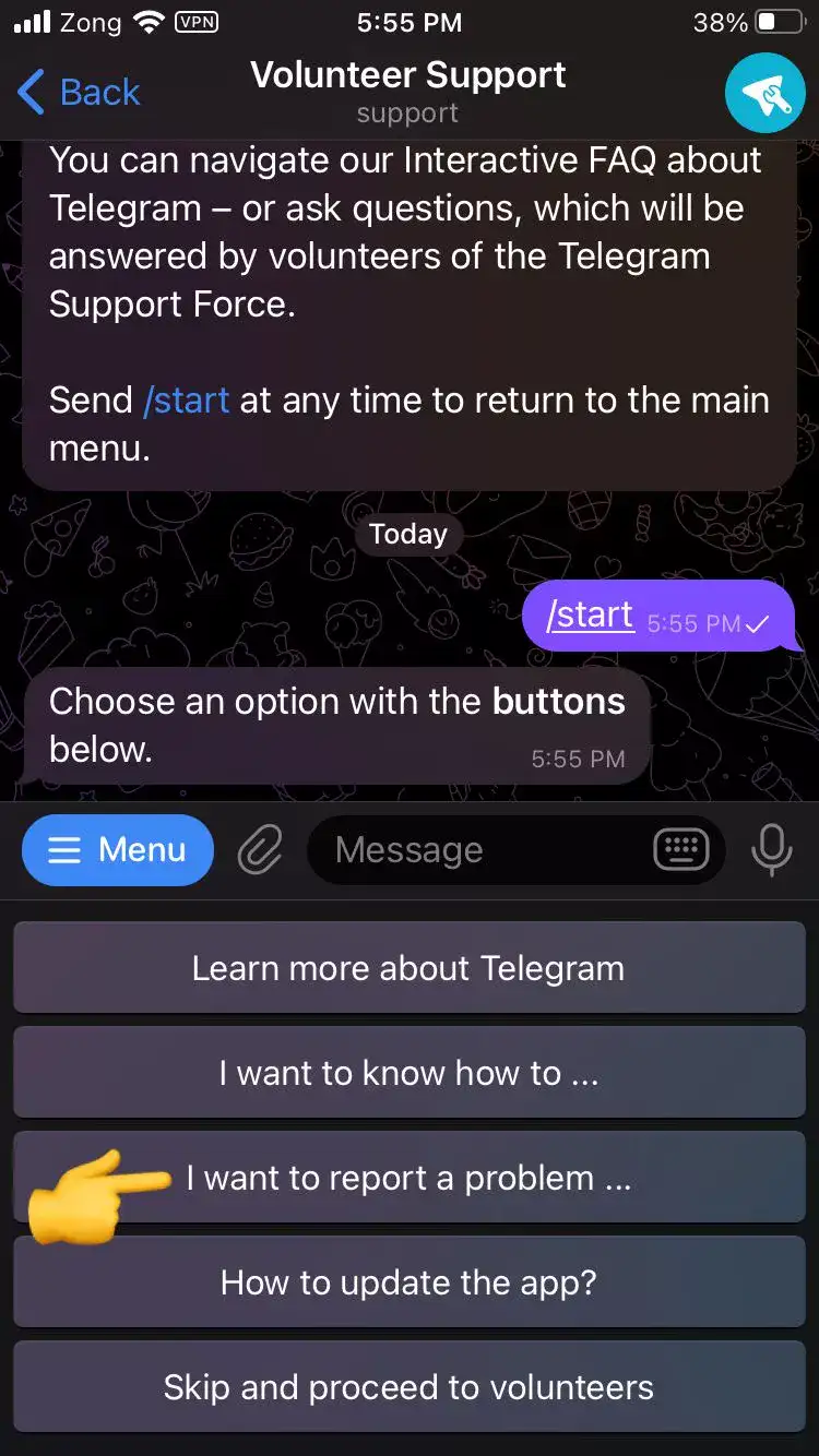 Report a problem settings in Telegram