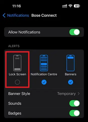 Disable Lock Screen option in app notification setting