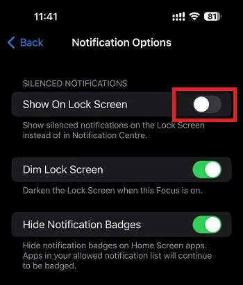 Show on Lock Screen toggle in DnD settings on iPhone