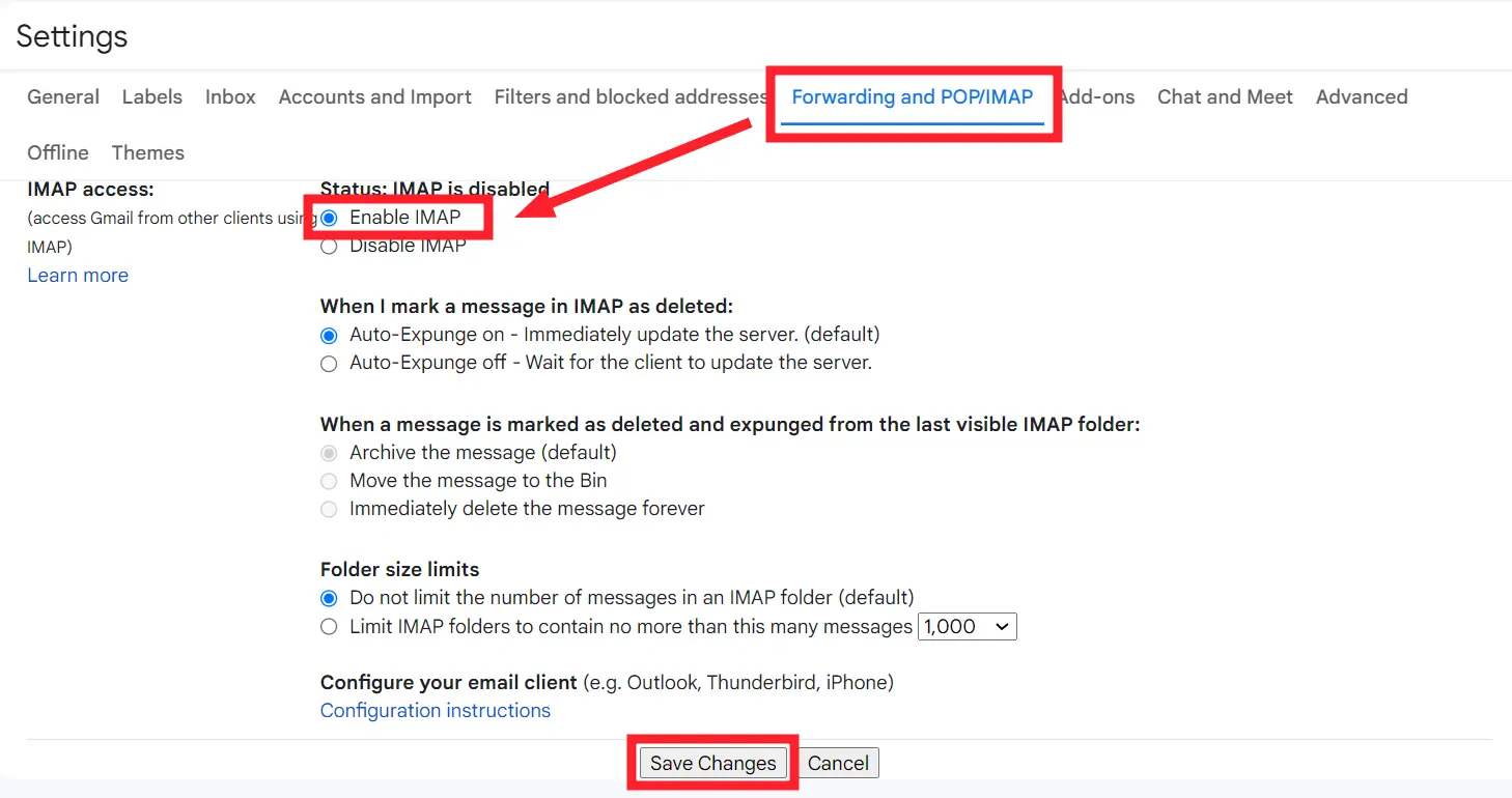 "IMAP" settings in Gmail