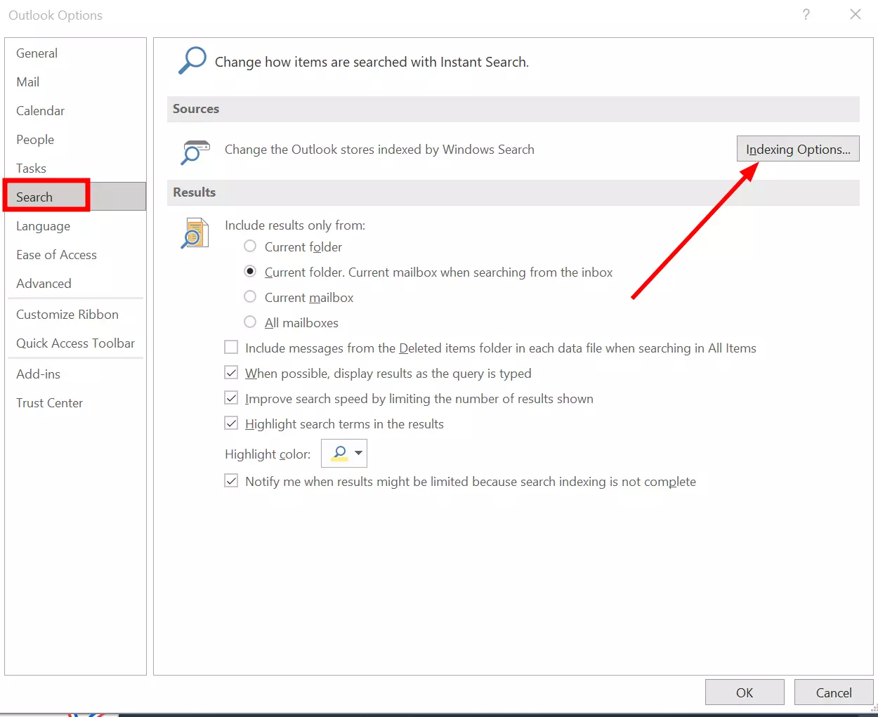 Access "Indexing Options" via Search in Outlook