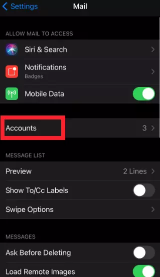 "Accounts" option in iPhone