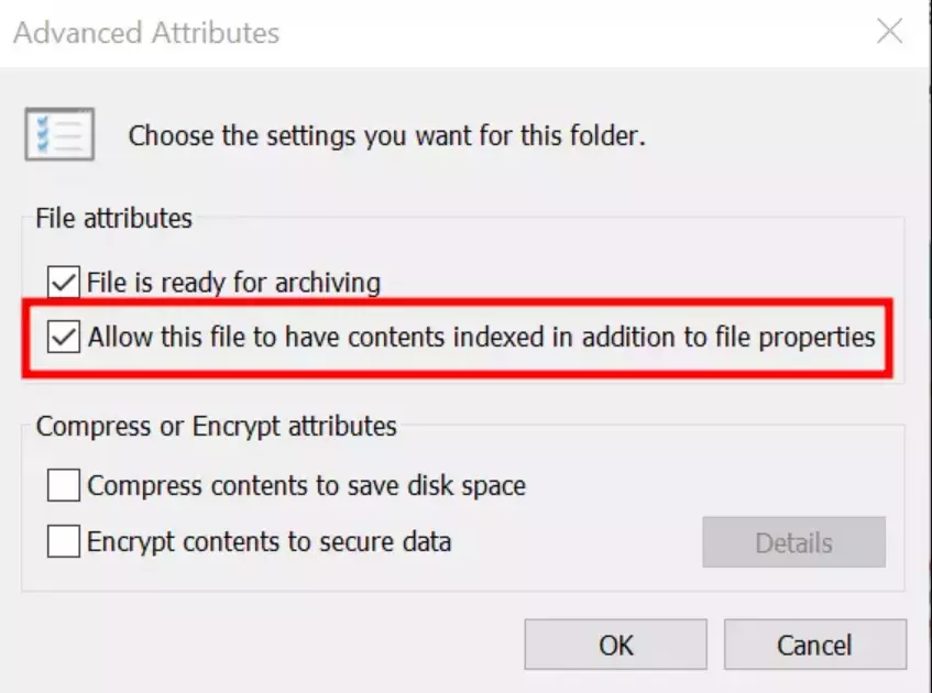 Check "Allow this file to have contents indexed in addition to file properties"