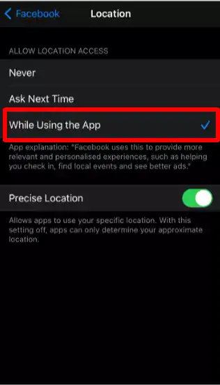 Location permission while using the app