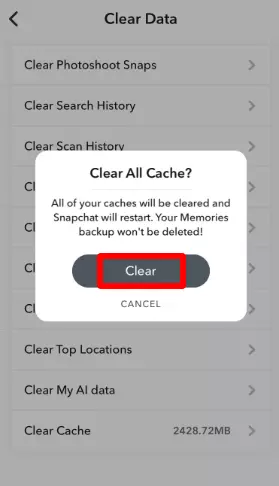 Clear All Cache button on Snapchat