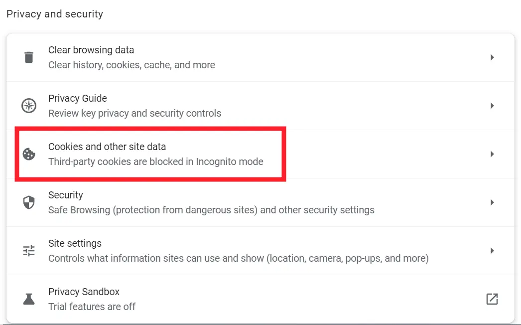 "Cookies and Other Site Data" in Google Chrome