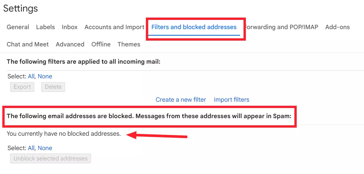 "Filters and Blocked Addresses" Tab in Gmail