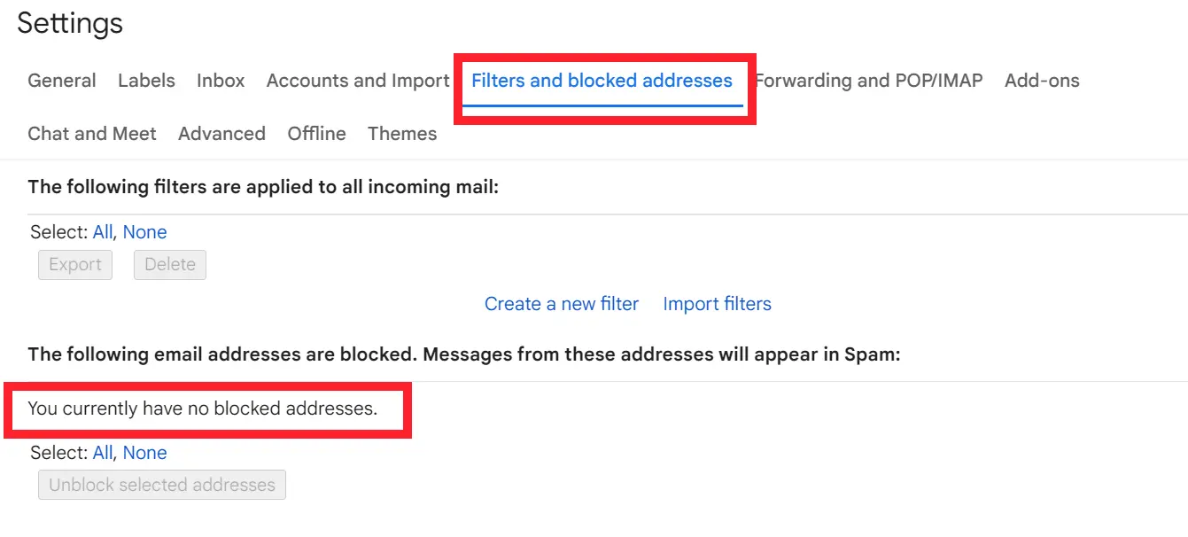 "Filters and Blocked Addresses" tab in Gmail