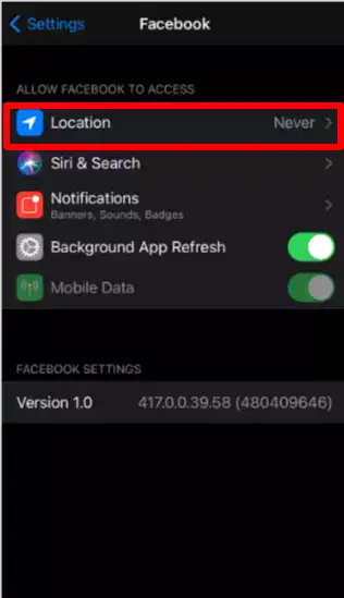 Give Location permission to Facebook App