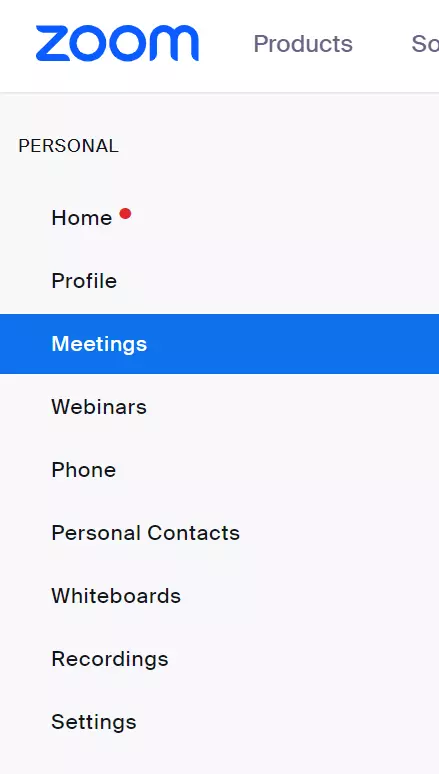 "Meetings" option in ZoomWeb