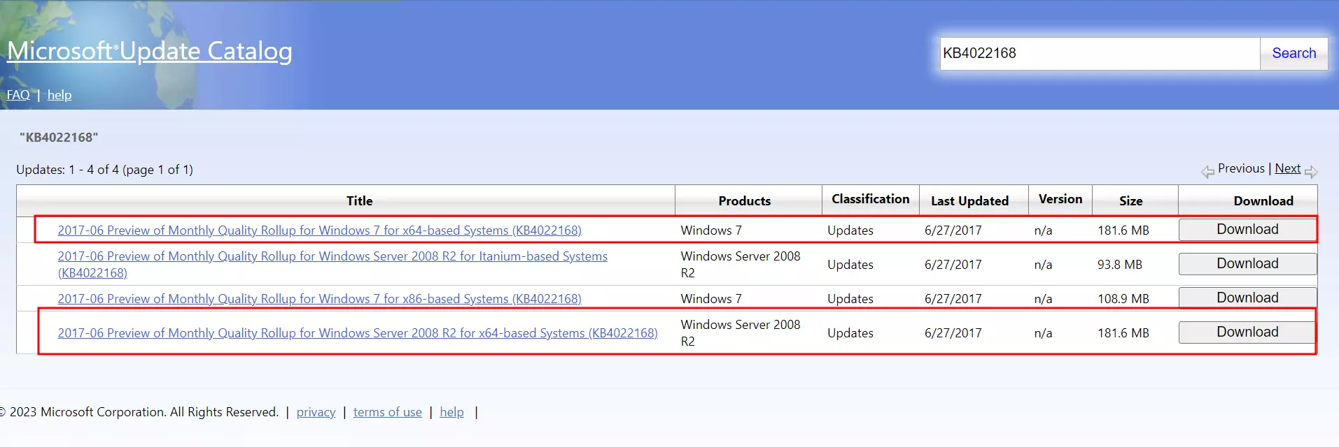 "Microsoft Update Catalogue" for Windows 7