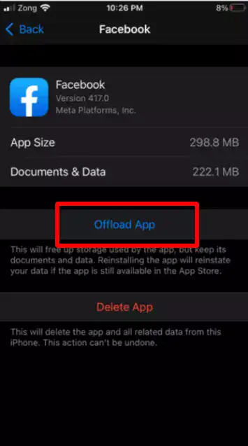 "Offload Facebook App" in iPhone settings