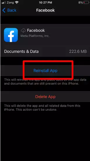 "Reinstall Facebook App" in iPhone settings