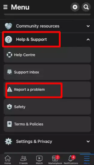 "Report a Problem" on Facebook