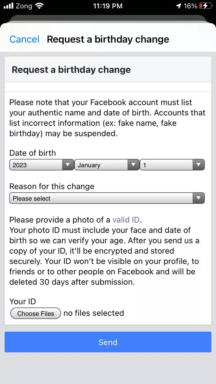 "Requesting a Birthdate Change" on Facebook