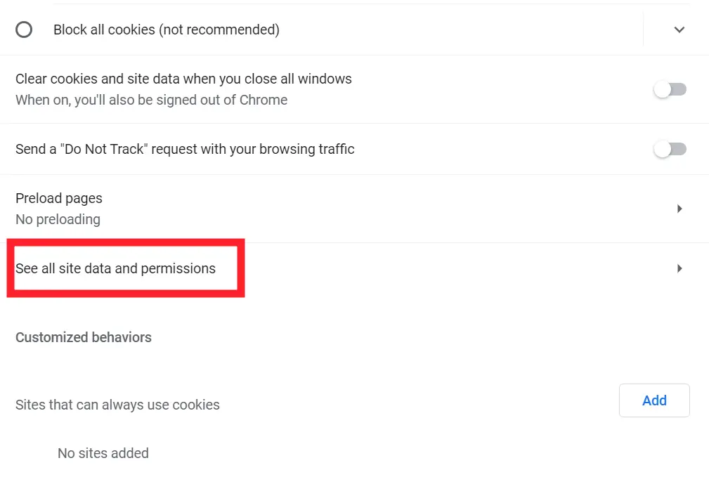 "See All Site Data And Permissions" in Google Chrome