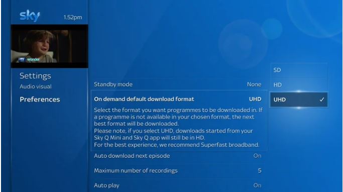 Selecting HD or SD mode in Sky Q