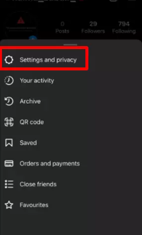 "Settings and Privacy" on Instagram