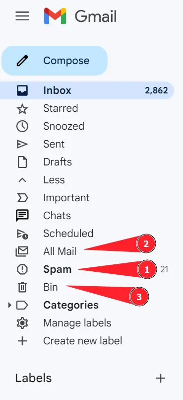 "Spam, bin, and All Mail" folders in Gmail