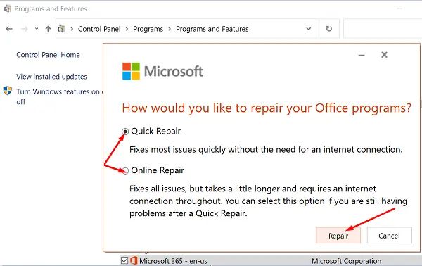 Quick Repair and Online Repair tool to repair Office