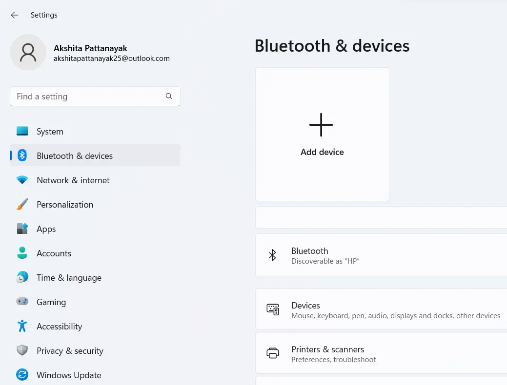 Choosing Bluetooth and devices option from Settings