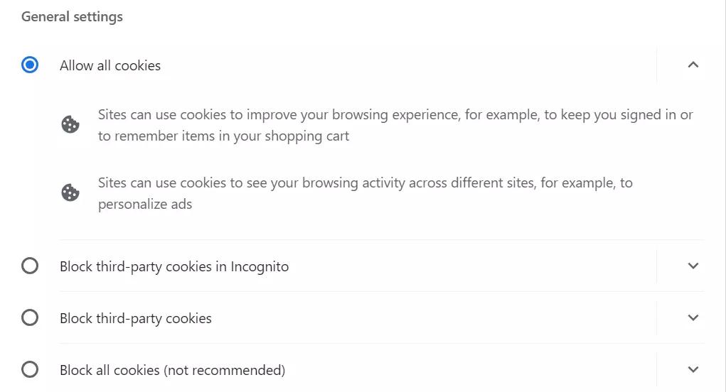 Allow "All Cookies" on Google Chrome