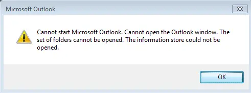 'Cannot open the Outlook window. The set of folders cannot be opened.’ error