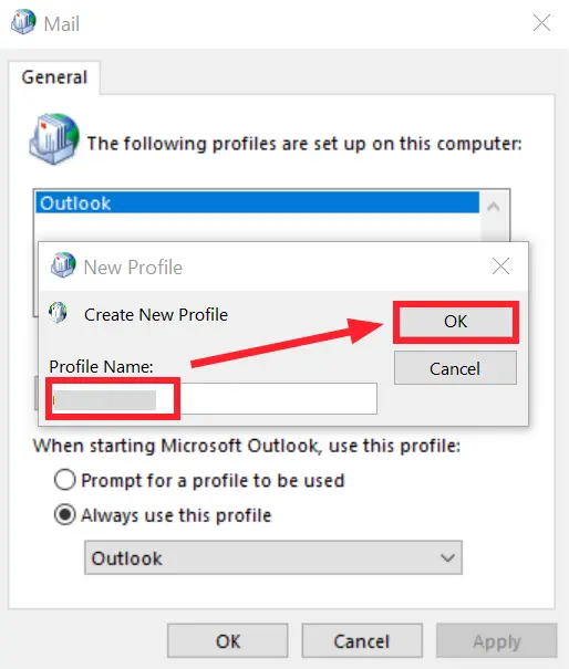 "Create New Outlook Profile"